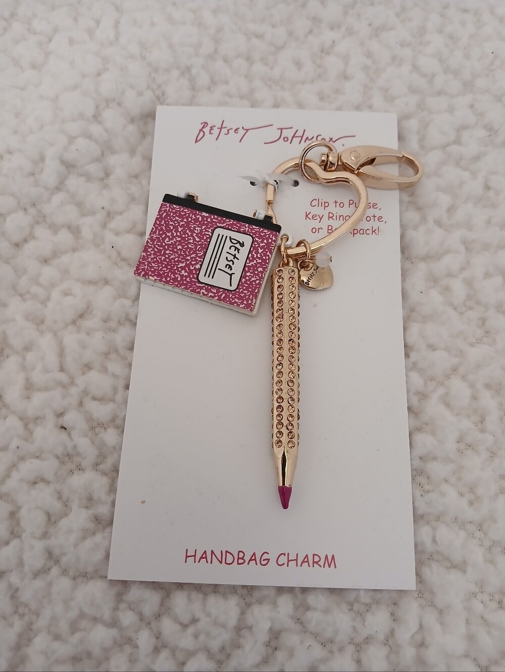Betsey Johnson Pink Notebook & Gold Lipstick Handbag Charm Keychain
